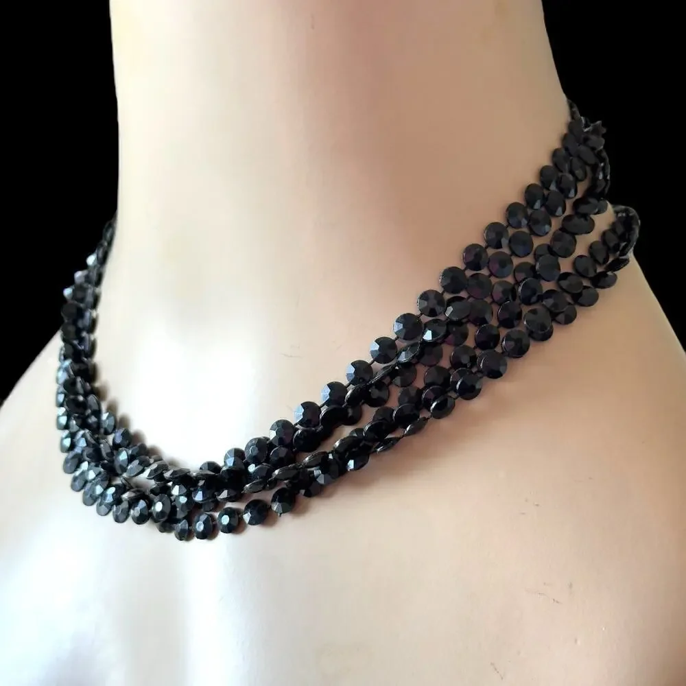 52” Black Lucite Disc Bead Double Strand Necklace Vintage 1960s Featherlight Mod